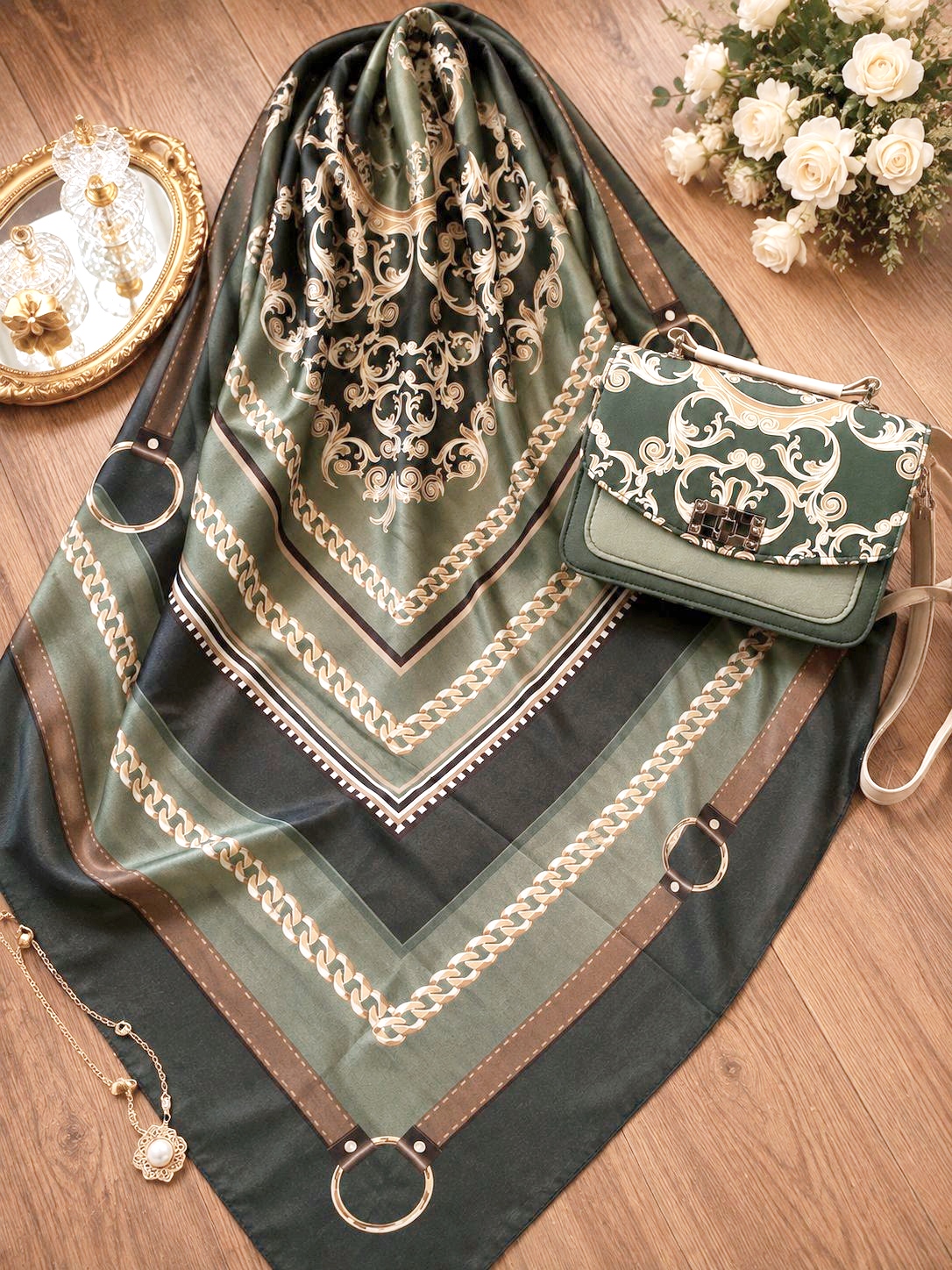 ست روسری و کیف زنانه درجه یک روسری نخ قواره 140 قیمت باهم 1170 تومان ست روسری و کیف