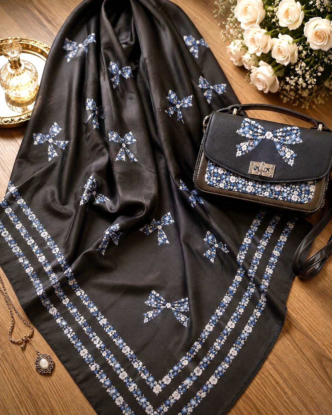 ست روسری و کیف زنانه درجه یک روسری نخ قواره 140 قیمت باهم 1170 تومان ست روسری و کیف
